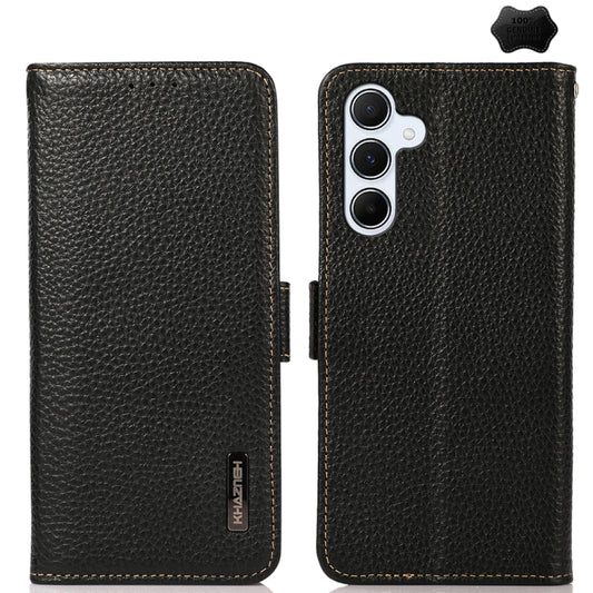 For Samsung Galaxy A55 5G KHAZNEH Side-Magnetic Litchi Genuine Leather RFID Phone Case(Black) - Galaxy Phone Cases by buy2fix | Online Shopping UK | buy2fix