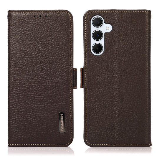 For Samsung Galaxy A55 5G KHAZNEH Side-Magnetic Litchi Genuine Leather RFID Phone Case(Brown) - Galaxy Phone Cases by buy2fix | Online Shopping UK | buy2fix