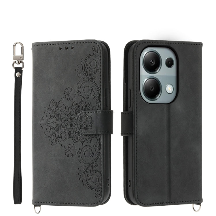 For Xiaomi Redmi Note 13 Pro 4G Skin-feel Flowers Embossed Wallet Leather Phone Case(Black) - Note 13 Pro Cases by buy2fix | Online Shopping UK | buy2fix