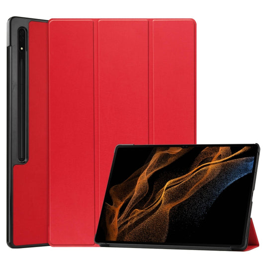 For Samsung Galaxy Tab S9 Ultra Custer Pure Color 3-Fold Holder Smart Leather Tablet Case(Red) - Galaxy Tab S9 Ultra Cases by buy2fix | Online Shopping UK | buy2fix