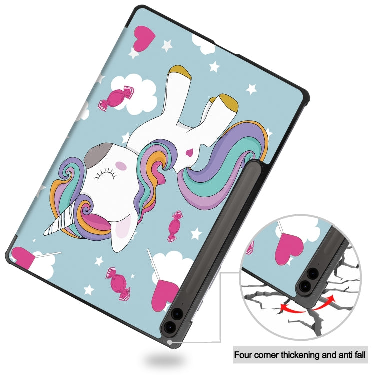 For Samsung Galaxy Tab S9 FE+ Custer Painted 3-Fold Holder Smart Leather Tablet Case(Unicorn) - Galaxy Tab S9 FE+ by buy2fix | Online Shopping UK | buy2fix