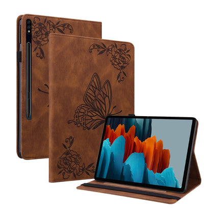 For Samsung Galaxy Tab S9+ Butterfly Flower Embossed Leather Tablet Case(Brown) - Galaxy Tab S9+ Cases by buy2fix | Online Shopping UK | buy2fix