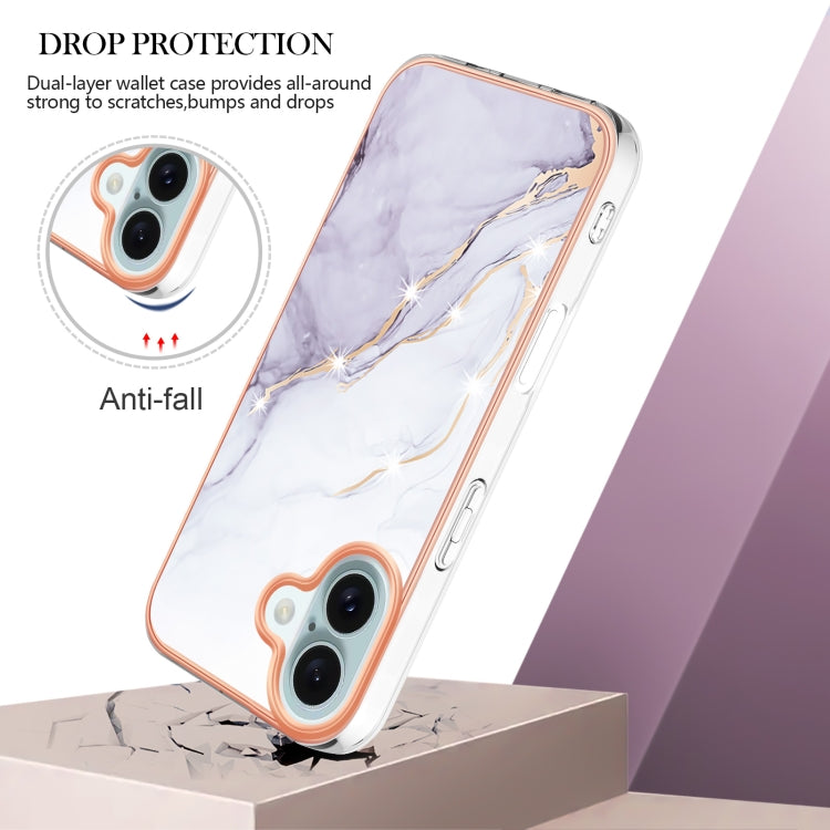 For iPhone 16 Electroplating Marble Pattern Dual-side IMD TPU Shockproof Phone Case (White 006) - iPhone 16 Cases by buy2fix | Online Shopping UK | buy2fix