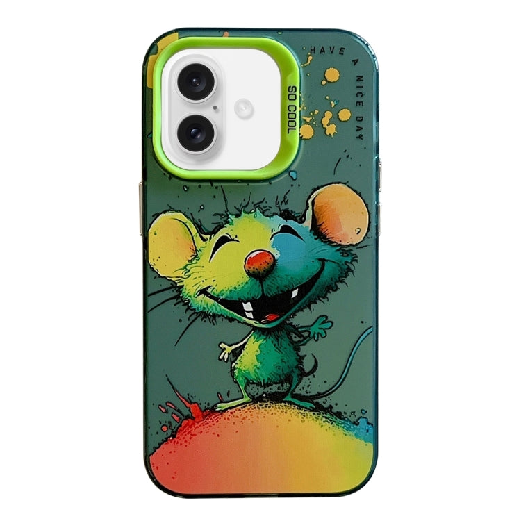 For iPhone 16 Animal Pattern Oil Painting Series PC + TPU Phone Case(Happy Mouse) - iPhone 16 Cases by buy2fix | Online Shopping UK | buy2fix