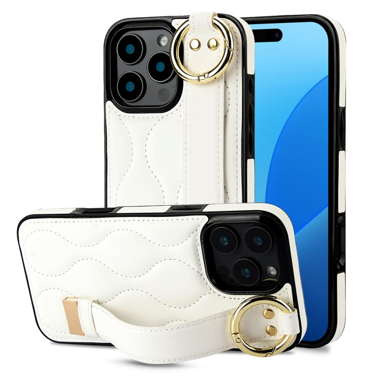 For iPhone 16 Pro Non-slip Full Coverage Ring PU Phone Case with Wristband(White) - iPhone 16 Pro Cases by buy2fix | Online Shopping UK | buy2fix