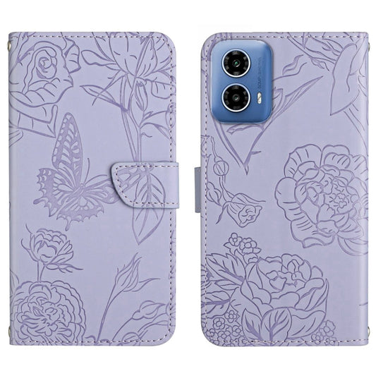 For Motorola Edge 5G 2024 HT03 Skin Feel Butterfly Embossed Flip Leather Phone Case(Purple) - Motorola Cases by buy2fix | Online Shopping UK | buy2fix