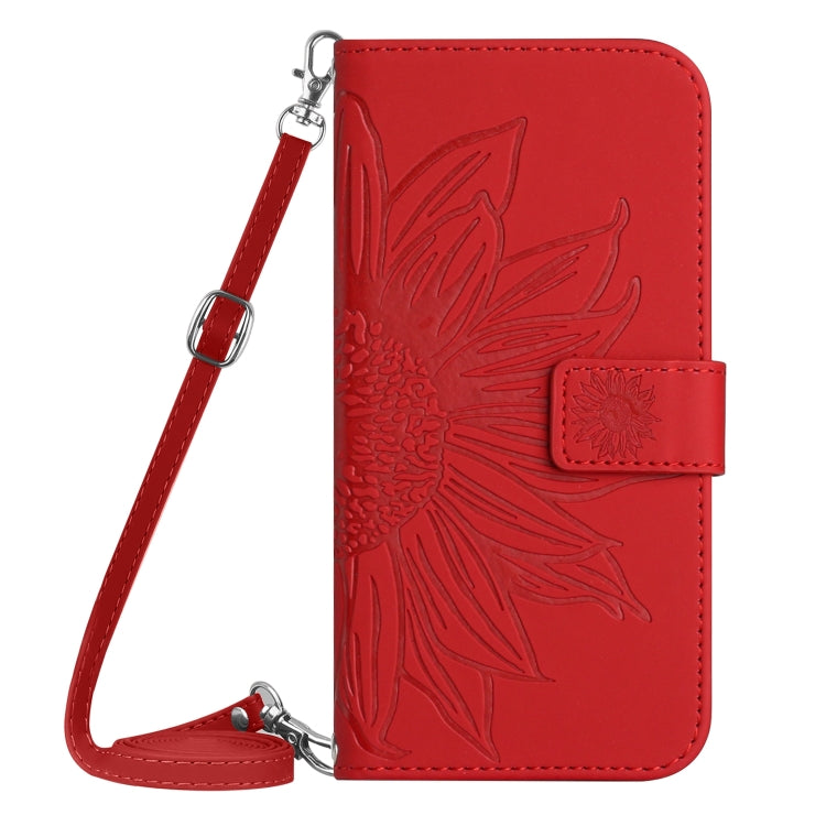 For Motorola Moto G Play 4G 2024 HT04 Skin Feel Sun Flower Embossed Flip Leather Phone Case with Lanyard(Red) - Motorola Cases by buy2fix | Online Shopping UK | buy2fix