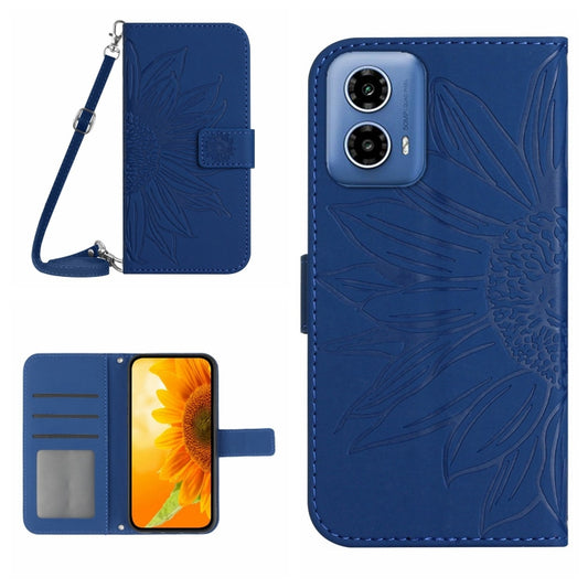 For Motorola Edge 5G 2024 HT04 Skin Feel Sun Flower Embossed Flip Leather Phone Case with Lanyard(Dark Blue) - Motorola Cases by buy2fix | Online Shopping UK | buy2fix