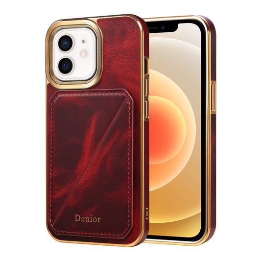 For iPhone 12 / 12 Pro Denior Oil Wax Leather Electroplating Card Slot Holder Phone Case(Red) - iPhone 12 / 12 Pro Cases by Denior | Online Shopping UK | buy2fix