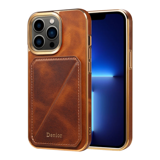 For iPhone 13 Pro Denior Oil Wax Leather Electroplating Card Slot Holder Phone Case(Brown) - iPhone 13 Pro Cases by Denior | Online Shopping UK | buy2fix