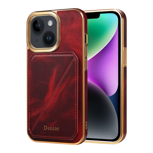 For iPhone 14 Plus Denior Oil Wax Leather Electroplating Card Slot Holder Phone Case(Red) - iPhone 14 Plus Cases by Denior | Online Shopping UK | buy2fix