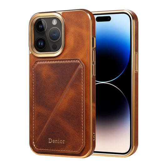 For iPhone 14 Pro Max Denior Oil Wax Leather Electroplating Card Slot Holder Phone Case(Brown) - iPhone 14 Pro Max Cases by Denior | Online Shopping UK | buy2fix