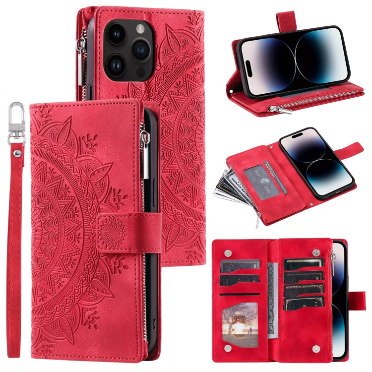 For iPhone 16 Pro Multi-Card Totem Zipper Leather Phone Case(Red) - iPhone 16 Pro Cases by buy2fix | Online Shopping UK | buy2fix