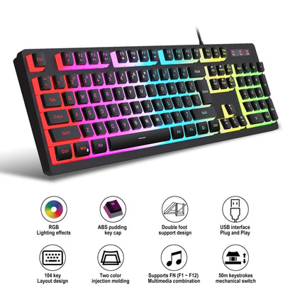 HXSJ L200+X100 Wired RGB Backlit Keyboard and Mouse Set 104 Pudding Key Caps + 3600DPI Mouse(Black) - Wired Keyboard by HXSJ | Online Shopping UK | buy2fix