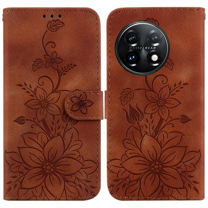 For OnePlus 11 Lily Embossed Leather Phone Case(Brown) - OnePlus Cases by buy2fix | Online Shopping UK | buy2fix