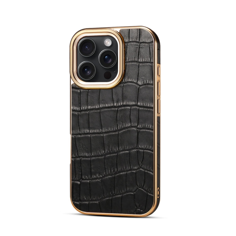 For iPhone 16 Pro Max Denior Crocodile Texture Genuine Leather Electroplating Phone Case(Black) - More iPhone Cases by Denior | Online Shopping UK | buy2fix