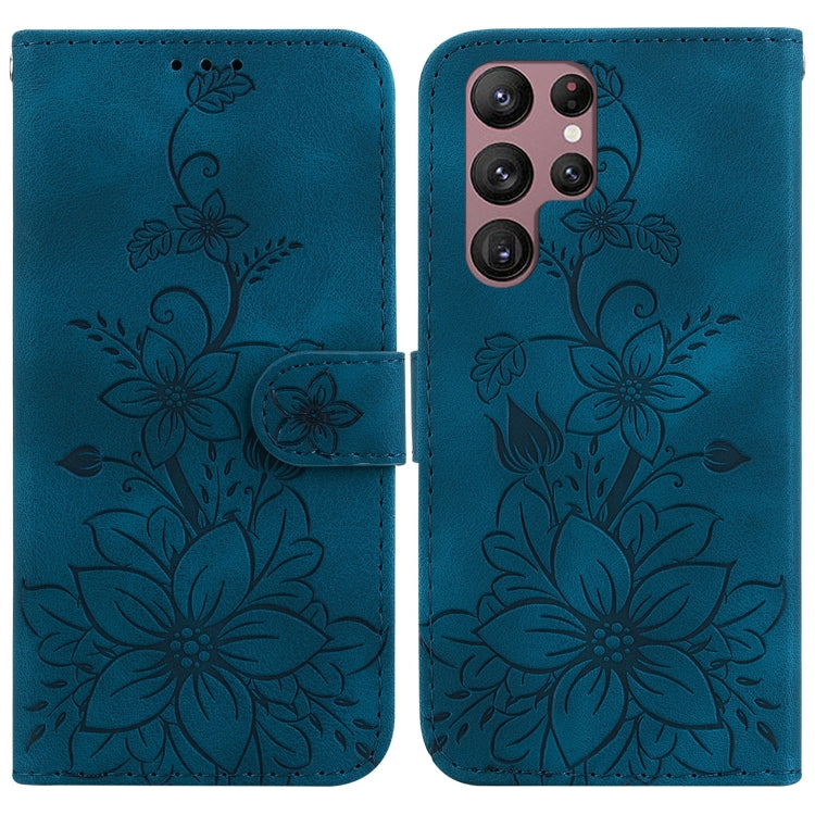 For Samsung Galaxy S22 Ultra 5G Lily Embossed Leather Phone Case(Dark Blue) - Galaxy S22 Ultra 5G Cases by buy2fix | Online Shopping UK | buy2fix