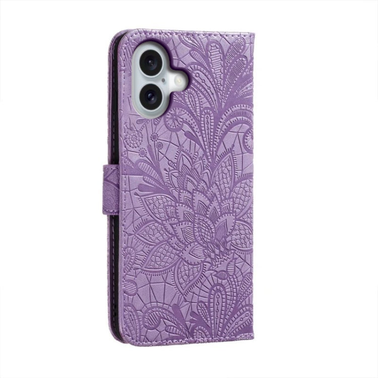 For iPhone 16 Lace Flower Embossing Flip Leather Phone Case(Purple) - iPhone 16 Cases by buy2fix | Online Shopping UK | buy2fix