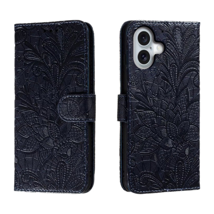 For iPhone 16 Lace Flower Embossing Flip Leather Phone Case(Dark Blue) - iPhone 16 Cases by buy2fix | Online Shopping UK | buy2fix