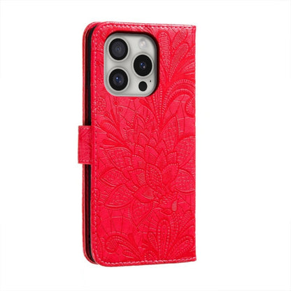 For iPhone 16 Pro Lace Flower Embossing Flip Leather Phone Case(Red) - iPhone 16 Pro Cases by buy2fix | Online Shopping UK | buy2fix