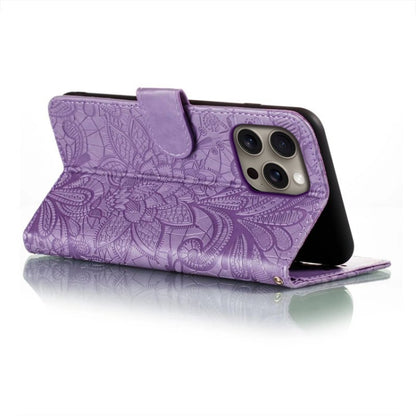 For iPhone 16 Pro Max Lace Flower Embossing Flip Leather Phone Case(Purple) - iPhone 16 Pro Max Cases by buy2fix | Online Shopping UK | buy2fix