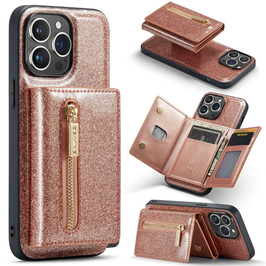 For iPhone 15 Pro DG.MING M3 Series Glitter Powder Card Bag Leather Phone Case(Rose Gold) - iPhone 15 Pro Cases by DG.MING | Online Shopping UK | buy2fix