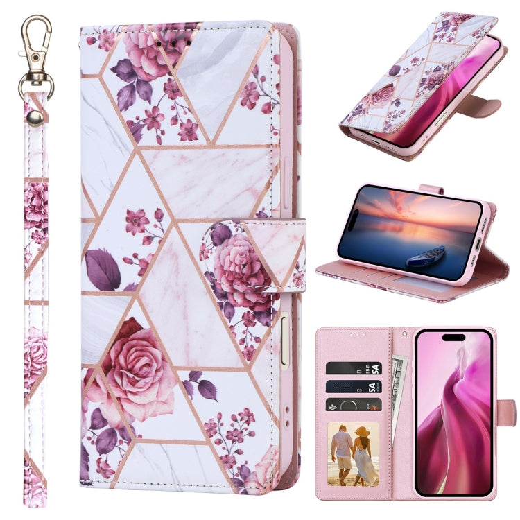 For iPhone 16 Marble Bronzing Stitching Leather Phone Case(Rose Gold) - iPhone 16 Cases by buy2fix | Online Shopping UK | buy2fix