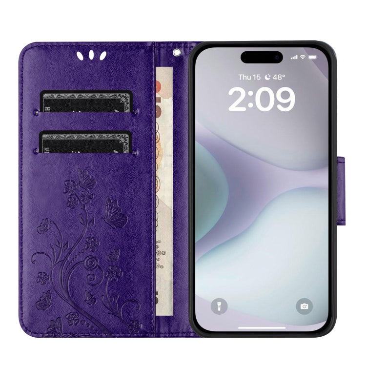 For iPhone 16 Plus Butterfly Flower Pattern Flip Leather Phone Case(Dark Purple) - iPhone 16 Plus Cases by buy2fix | Online Shopping UK | buy2fix