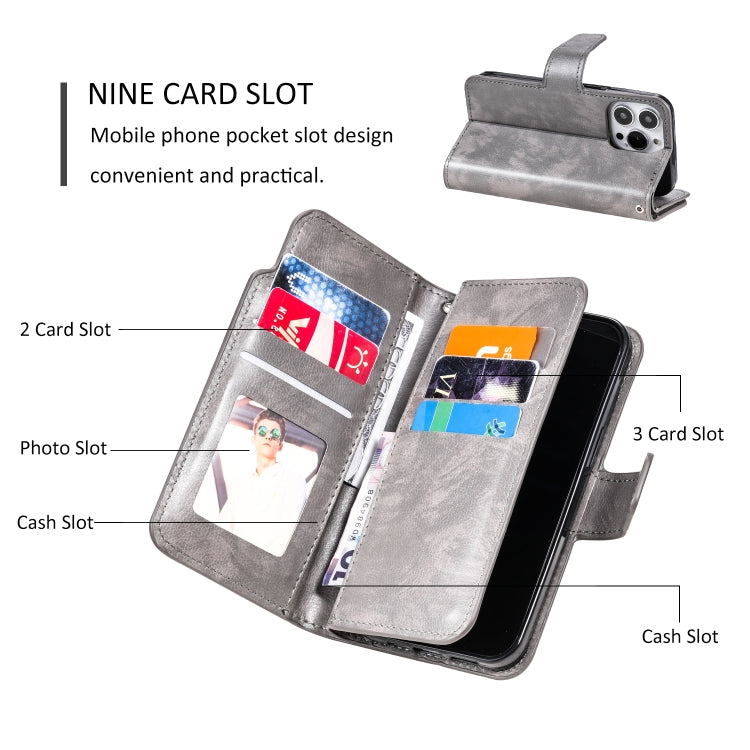 For iPhone 16 Pro Tri-Fold 9-Card Wallets Leather Phone Case(Grey) - iPhone 16 Pro Cases by buy2fix | Online Shopping UK | buy2fix