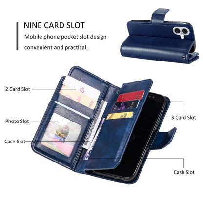 For iPhone 16 Plus Tri-Fold 9-Card Wallets Leather Phone Case(Blue) - iPhone 16 Plus Cases by buy2fix | Online Shopping UK | buy2fix