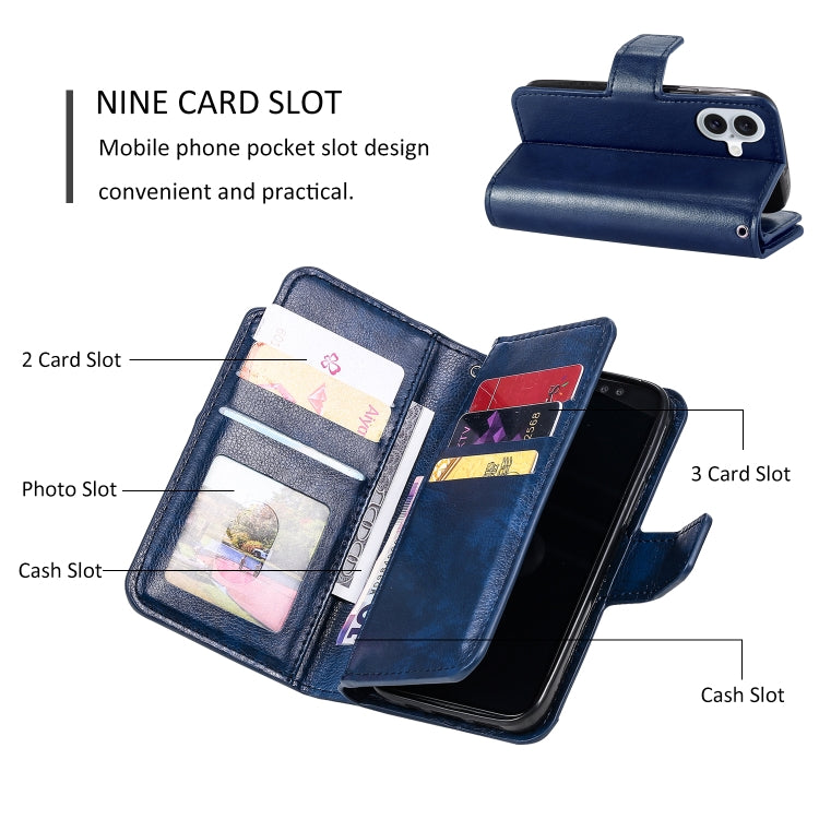 For iPhone 16 Tri-Fold 9-Card Wallets Leather Phone Case(Blue) - iPhone 16 Cases by buy2fix | Online Shopping UK | buy2fix