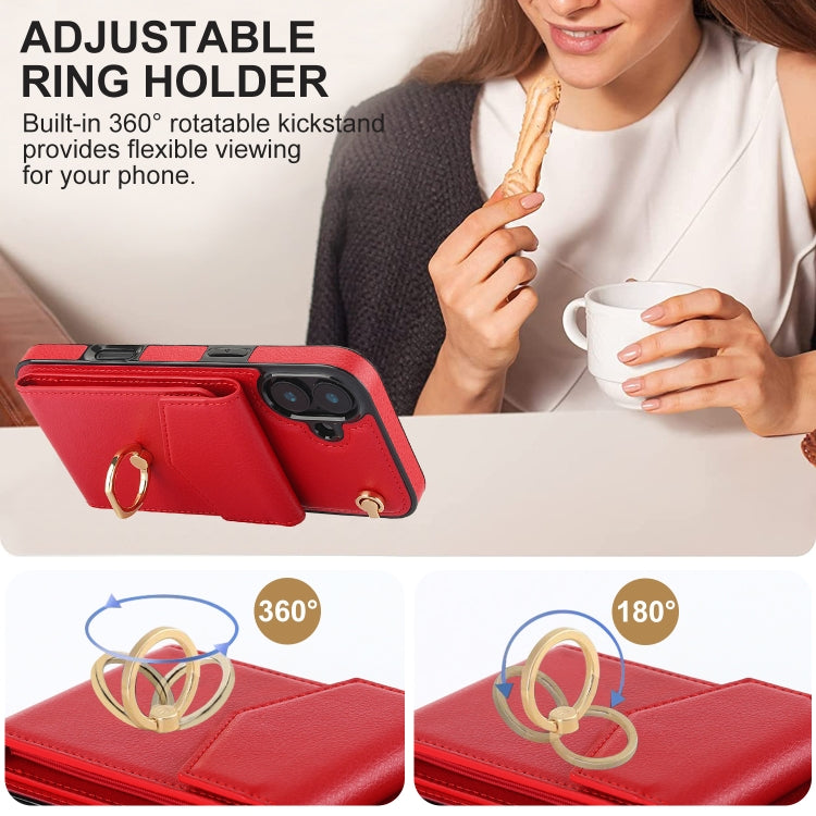 For iPhone 16 Ring Holder RFID Card Slot Phone Case(Red) - iPhone 16 Cases by buy2fix | Online Shopping UK | buy2fix