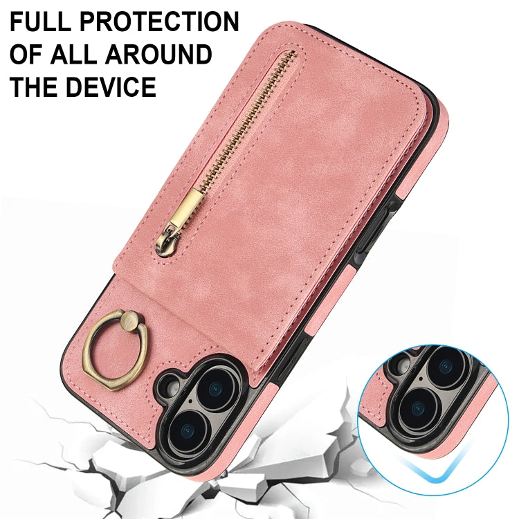 For iPhone 16 Plus Retro Ring and Zipper RFID Card Slot Phone Case(Pink) - iPhone 16 Plus Cases by buy2fix | Online Shopping UK | buy2fix