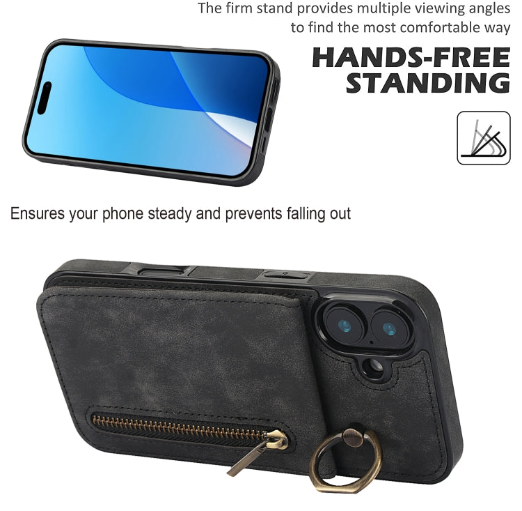 For iPhone 16 Plus Retro Ring and Zipper RFID Card Slot Phone Case(Black) - iPhone 16 Plus Cases by buy2fix | Online Shopping UK | buy2fix