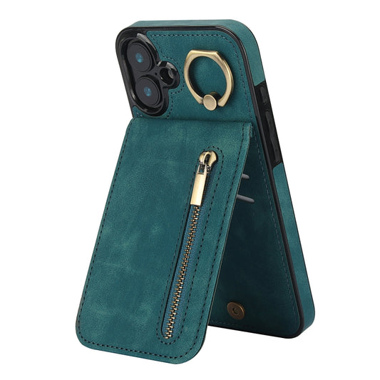 For iPhone 16 Retro Ring and Zipper RFID Card Slot Phone Case(Blue) - iPhone 16 Cases by buy2fix | Online Shopping UK | buy2fix