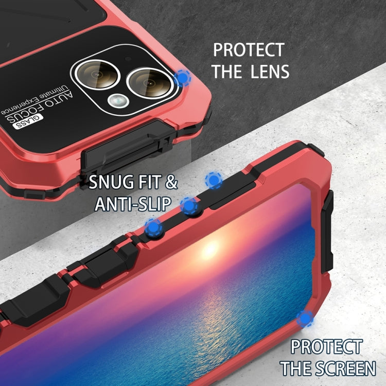 For iPhone 15 R-JUST Metal + Silicone + Tempered Glass Life Waterproof Phone Case with Holder(Red) - iPhone 15 Cases by R-JUST | Online Shopping UK | buy2fix