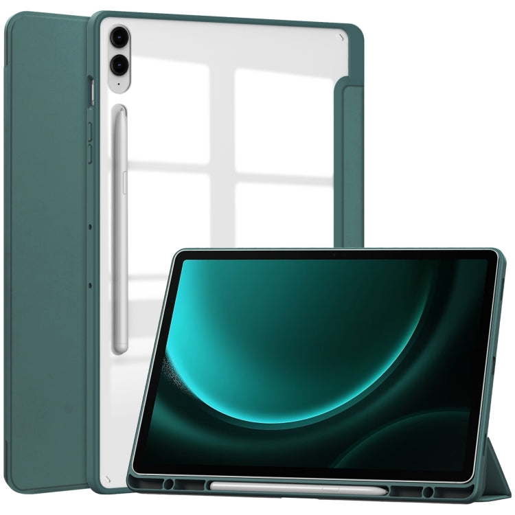 For Samsung Galaxy Tab S9 FE+ Acrylic 3-folding Smart Leather Tablet Case with Pen Slot(Dark Green) - Galaxy Tab S9 FE+ by buy2fix | Online Shopping UK | buy2fix