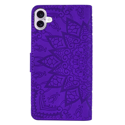 For iPhone 16 Mandala Embossed Dual-Fold Calf Leather Phone Case(Purple) - iPhone 16 Cases by buy2fix | Online Shopping UK | buy2fix