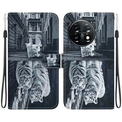 For OnePlus 11 Crystal Texture Colored Drawing Leather Phone Case(Cat Tiger Reflection) - OnePlus Cases by buy2fix | Online Shopping UK | buy2fix