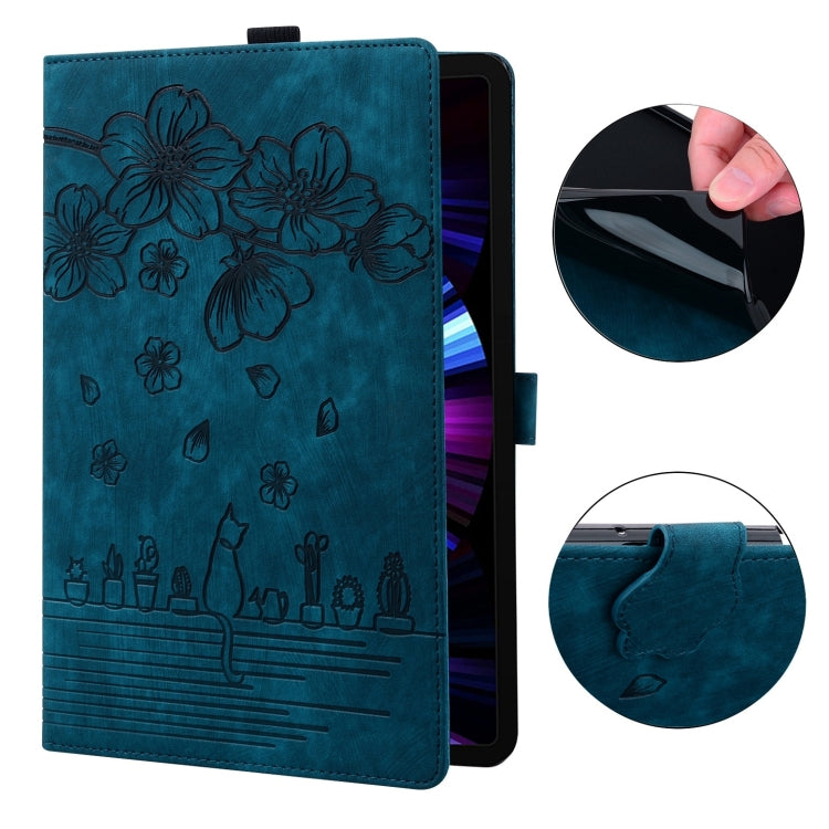 For Samsung Galaxy Tab S9 FE+ Cartoon Sakura Cat Embossed Leather Tablet Case(Blue) - Galaxy Tab S9 FE+ by buy2fix | Online Shopping UK | buy2fix