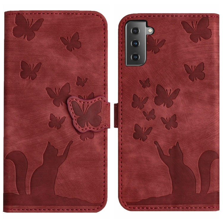 For Samsung Galaxy S21 5G Butterfly Cat Embossing Flip Leather Phone Case(Red) - Galaxy S21 5G Cases by buy2fix | Online Shopping UK | buy2fix