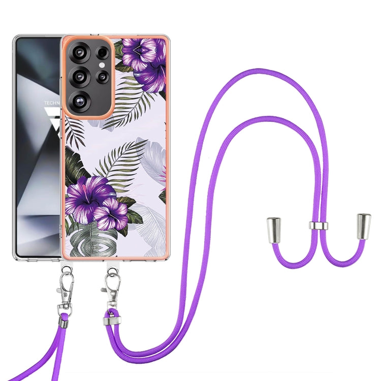 For Samsung Galaxy S25 Ultra 5G Electroplating Pattern IMD TPU Shockproof Case with Neck Lanyard(Purple Flower) - Galaxy S25 Ultra 5G Cases by buy2fix | Online Shopping UK | buy2fix