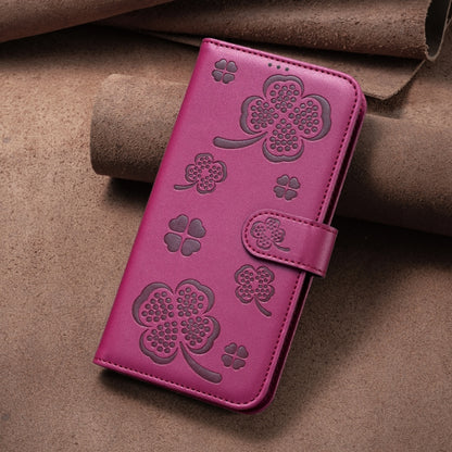 For iPhone 16 Pro Four-leaf Embossed Leather Phone Case(Rose Red) - iPhone 16 Pro Cases by buy2fix | Online Shopping UK | buy2fix