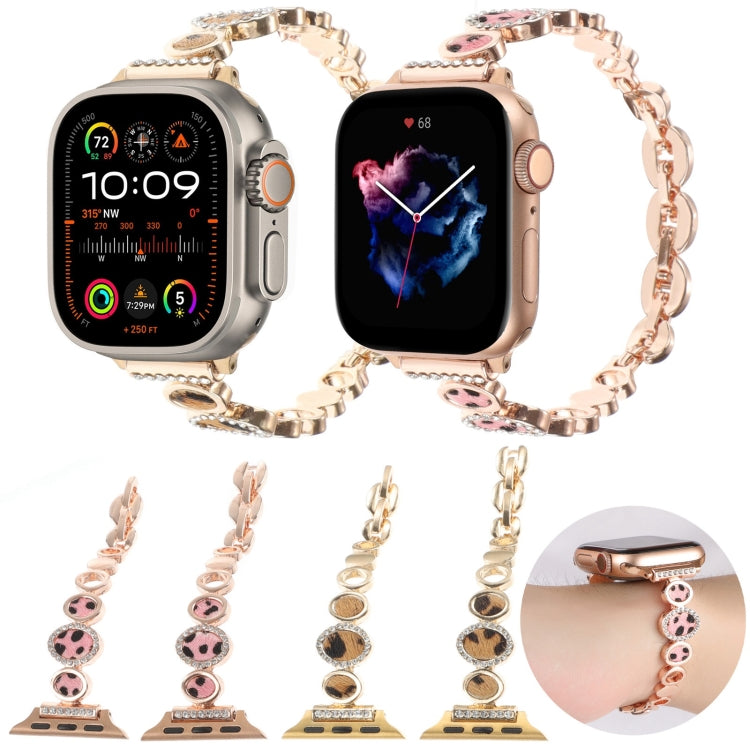 For Apple Watch SE 2023 44mm Leopard Rhinestones Metal Chain Watch Band(Gold) - Watch Bands by buy2fix | Online Shopping UK | buy2fix