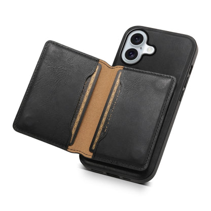 For iPhone 16 Plus Denior Cowhide Texture Leather MagSafe Detachable Wallet Phone Case(Black) - iPhone 16 Plus Cases by Denior | Online Shopping UK | buy2fix