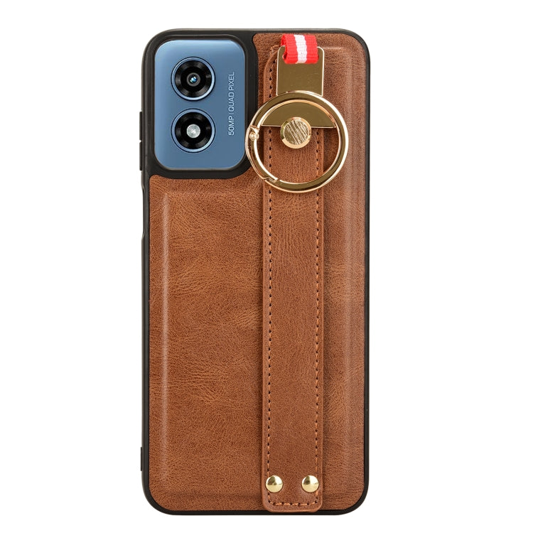 For Motorola Moto G Play 4G 2024 Wristband Leather Back Phone Case(Brown) - Motorola Cases by buy2fix | Online Shopping UK | buy2fix