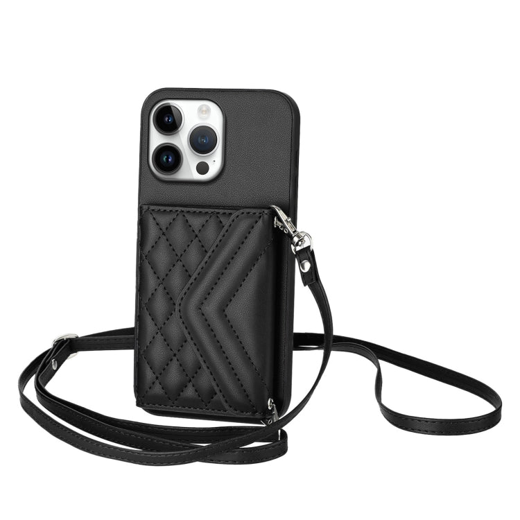 For iPhone 16 Pro Max Rhombic Texture Card Bag RFID Phone Case with Long Lanyard(Black) - iPhone 16 Pro Max Cases by buy2fix | Online Shopping UK | buy2fix