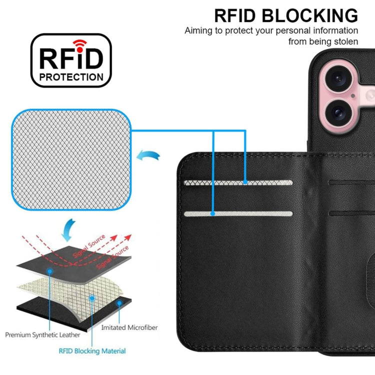 For iPhone 16 Rhombic Texture Card Bag RFID Phone Case with Long Lanyard(Black) - iPhone 16 Cases by buy2fix | Online Shopping UK | buy2fix