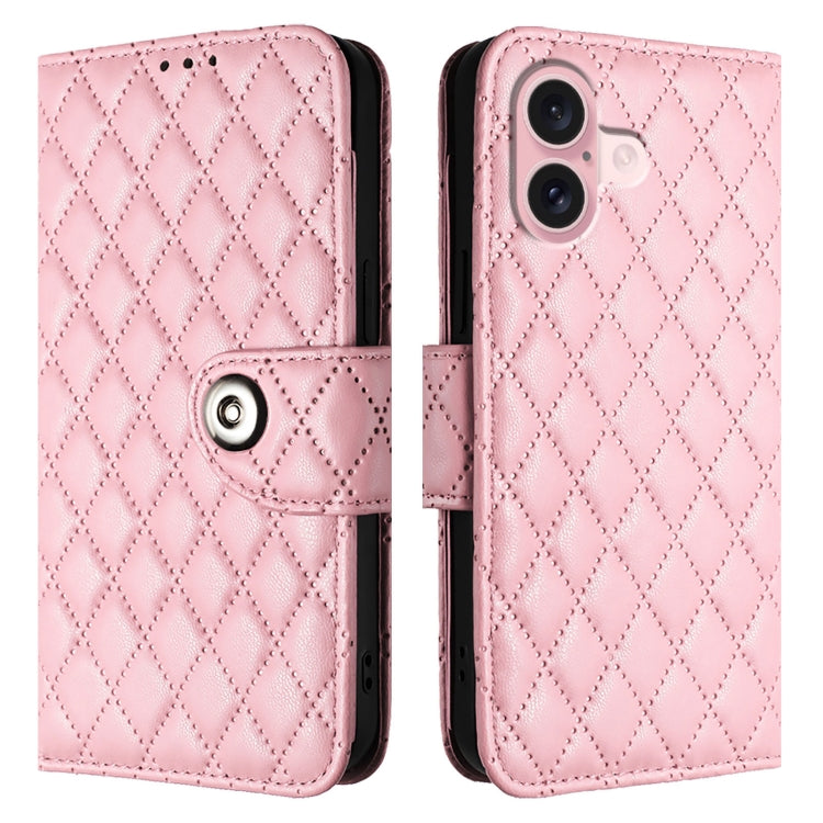 For iPhone 16 Rhombic Texture Flip Leather Phone Case with Lanyard(Pink) - iPhone 16 Cases by buy2fix | Online Shopping UK | buy2fix