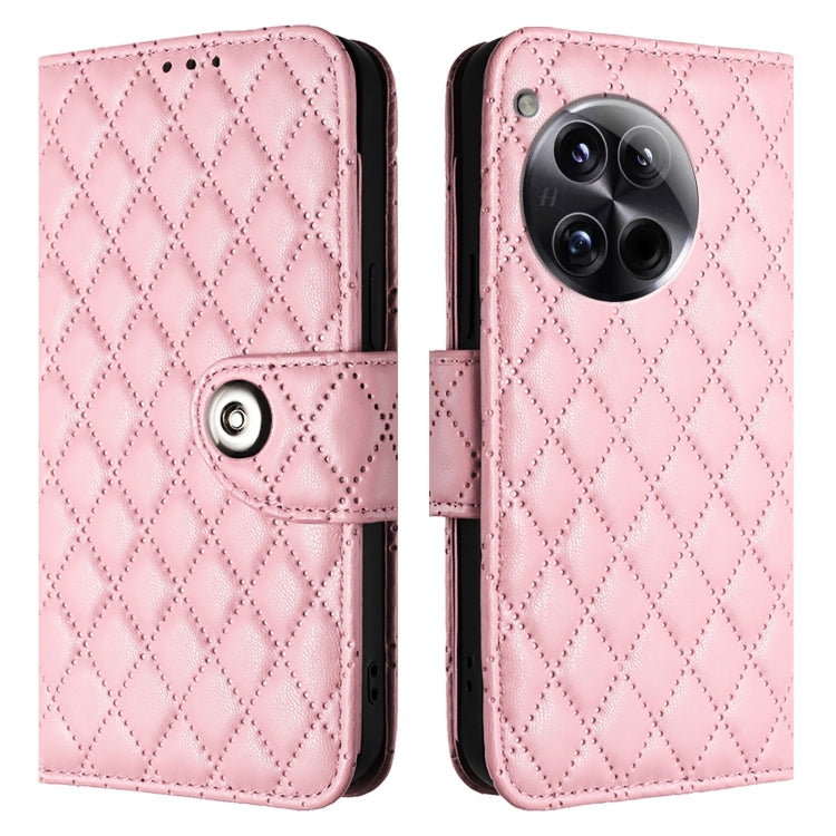 For OnePlus 12 5G Global Rhombic Texture Flip Leather Phone Case with Lanyard(Pink) - OnePlus Cases by buy2fix | Online Shopping UK | buy2fix